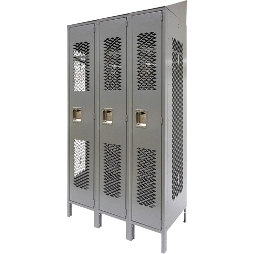 Vented Lockers, Bank of 3, 36 x 18" x 88", Steel, Grey, Knocked Down, Perforated Checker Industrial Ltd.